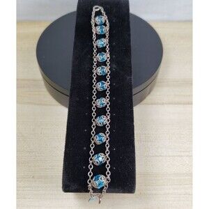 Vintage Sterling Silver Aquamarine Beaded with Spring Ring Clasp 7 1/4" Bracelet